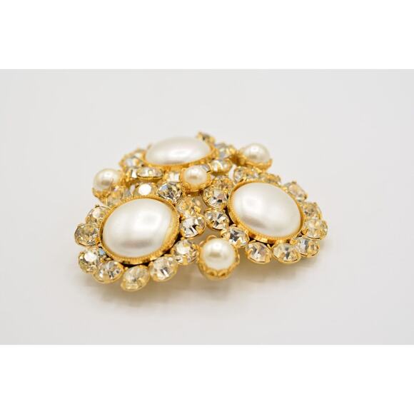 Vintage Crystal Pin Brooch Pearl Prong Cluster Gold Rhinestone Chunky 80s BinAC - Picture 10 of 12